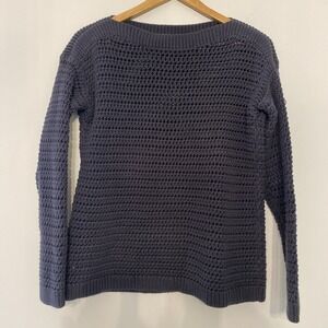 LOFT Womens Open Knit Crochet Sweater Navy Blue Size Small Lightweight Boat Neck